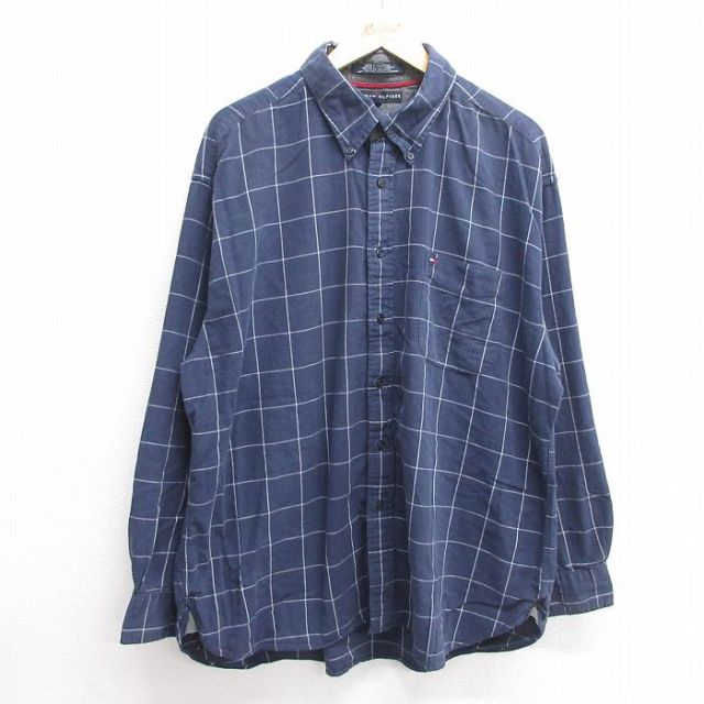 XL★古着 トミーヒルフィガー TOMMY HILFIGER 長袖 ブランド フランネル シャツ メンズ ワンポイントロゴ 大きいサイズ コットン ボタンダウン 紺他 ネイビー チェック 25mar13 中古 トップス