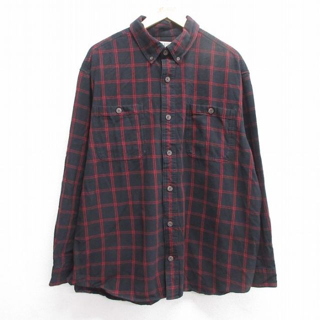 XL★古着 長袖 ヘビー フランネル シャツ メンズ 大きいサイズ コットン ボタンダウン 黒他 ブラック チェック 25mar13 中古 トップス