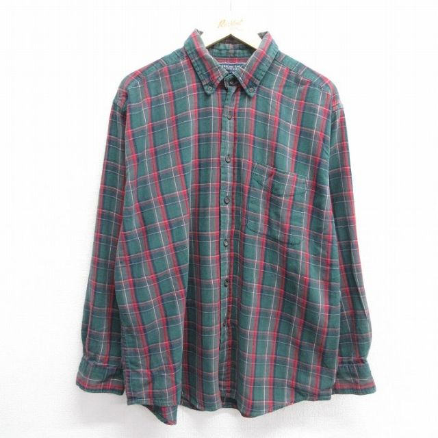 XL★古着 アメリカンイーグル American Eagle 長袖 フランネル シャツ メンズ コットン ボタンダウン 緑他 グリーン チェック 25mar13 中古 トップス