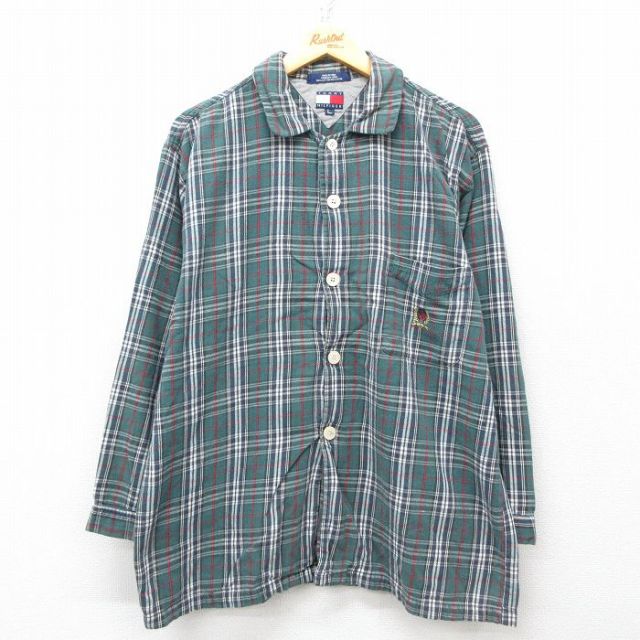 【50%OFF】XL★古着 トミーヒルフィガー TOMMY HILFIGER 長袖 ブランド フランネル パジャマ シャツ メンズ ワンポイントロゴ コットン 緑他 グリーン チェック 25mar18 中古 トップス