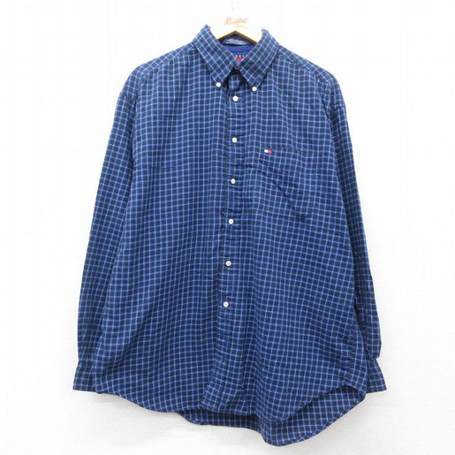 XL★古着 トミーヒルフィガー TOMMY HILFIGER 長袖 ブランド フランネル シャツ メンズ 90年代 90s ワンポイントロゴ 大きいサイズ コットン ボタンダウン 紺他 ネイビー チェック 25mar18 中古 トップス