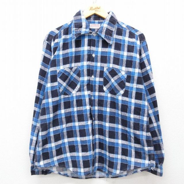 L★古着 長袖 フランネル シャツ メンズ 70年代 70s コットン 紺他 ネイビー チェック 【spe】 25mar18 中古 トップス