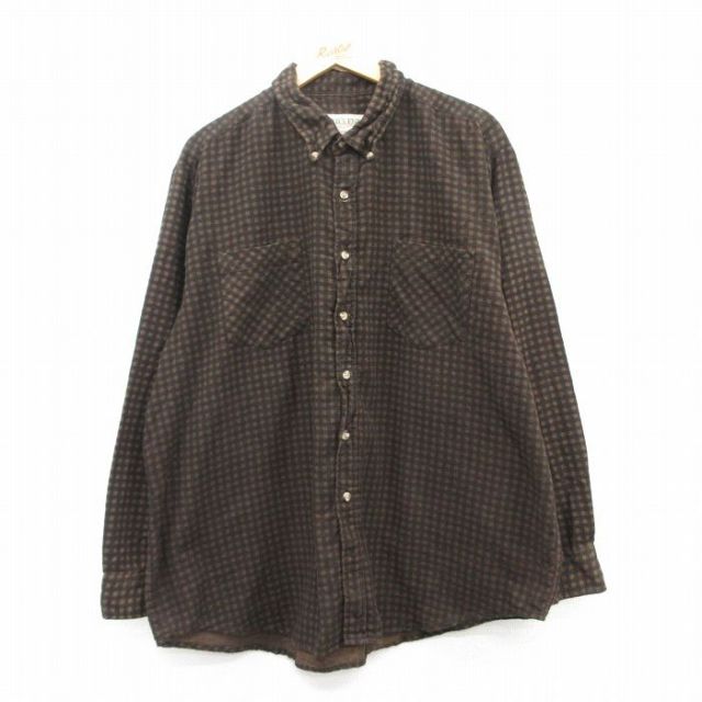 【20%OFF】XL★古着 長袖 フランネル シャツ メンズ 大きいサイズ コットン ボタンダウン 茶他 ブラウン チェック 25mar18 中古 トップス