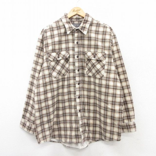 XL★古着 長袖 フランネル シャツ メンズ 90年代 90s 大きいサイズ ロング丈 茶他 ブラウン チェック 25mar18 中古 トップス
