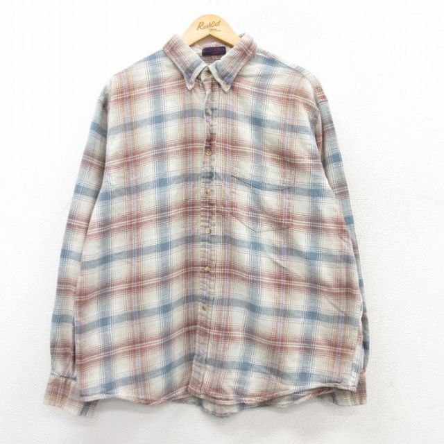 XL★古着 アロー 長袖 フランネル シャツ メンズ 90年代 90s コットン ボタンダウン 薄紺他 ネイビー チェック 25mar18 中古 トップス