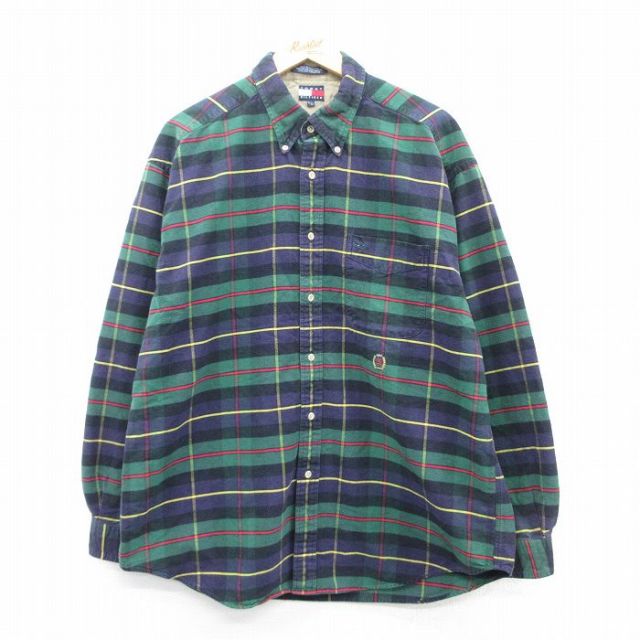XL★古着 トミーヒルフィガー TOMMY HILFIGER 長袖 ブランド フランネル シャツ メンズ 90年代 90s ワンポイントロゴ コットン ボタンダウン 緑他 グリーン チェック 【spe】 25mar18 中古 トップス