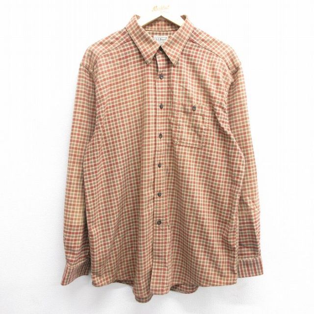 L★古着 エルエルビーン LLBEAN 長袖 フランネル シャツ メンズ 00年代 00s ロング丈 コットン ベージュ他 カーキ チェック 25mar21 中古 トップス