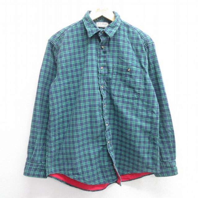 L★古着 エルエルビーン LLBEAN 長袖 フランネル シャツ メンズ 80年代 80s コットン USA製 緑他 グリーン チェック 【spe】 25mar21 中古 トップス