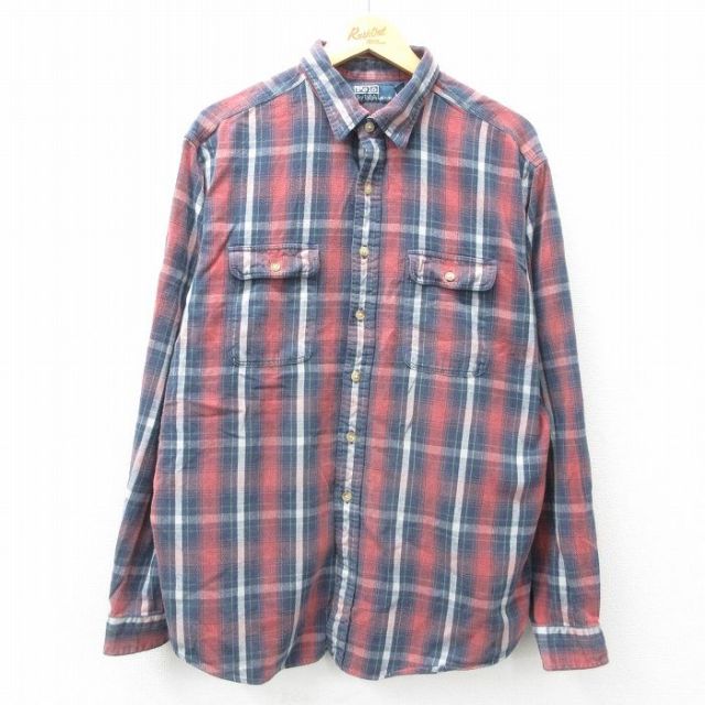 XL★古着 ラルフローレン Ralph Lauren 長袖 ブランド フランネル シャツ メンズ 90年代 90s 大きいサイズ コットン 紺他 ネイビー チェック 25mar21 中古 トップス