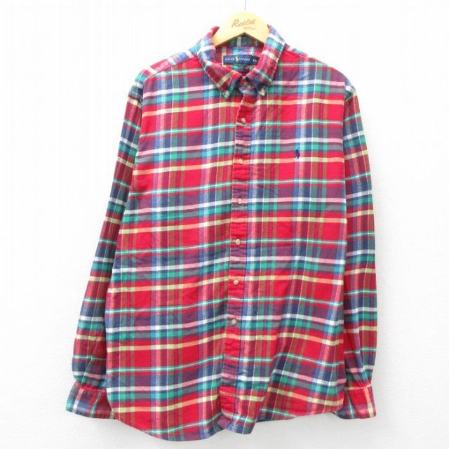 XL★古着 ラルフローレン Ralph Lauren 長袖 ブランド フランネル シャツ メンズ ワンポイントロゴ 大きいサイズ コットン ボタンダウン 赤他 レッド チェック 25mar21 中古 トップス