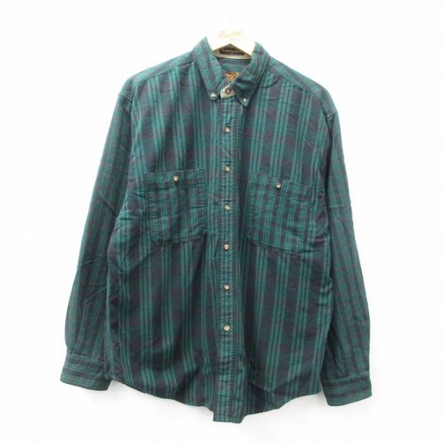 XL★古着 エディーバウアー 長袖 フランネル シャツ メンズ 90年代 90s コットン ボタンダウン 緑他 グリーン チェック 25mar21 中古 トップス