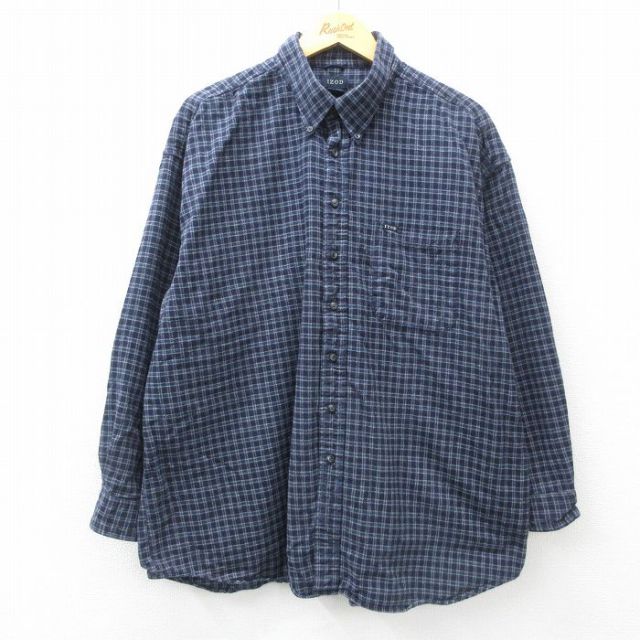 【20%OFF】XL★古着 IZOD 長袖 フランネル シャツ メンズ 大きいサイズ コットン ボタンダウン 紺他 ネイビー チェック 25mar21 中古 トップス