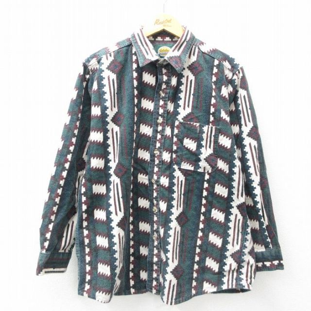 XL★古着 カベラス 長袖 ヘビー フランネル シャツ メンズ 90年代 90s ネイティブ柄 ラグ柄 コットン USA製 緑他 グリーン 25mar21 中古 トップス