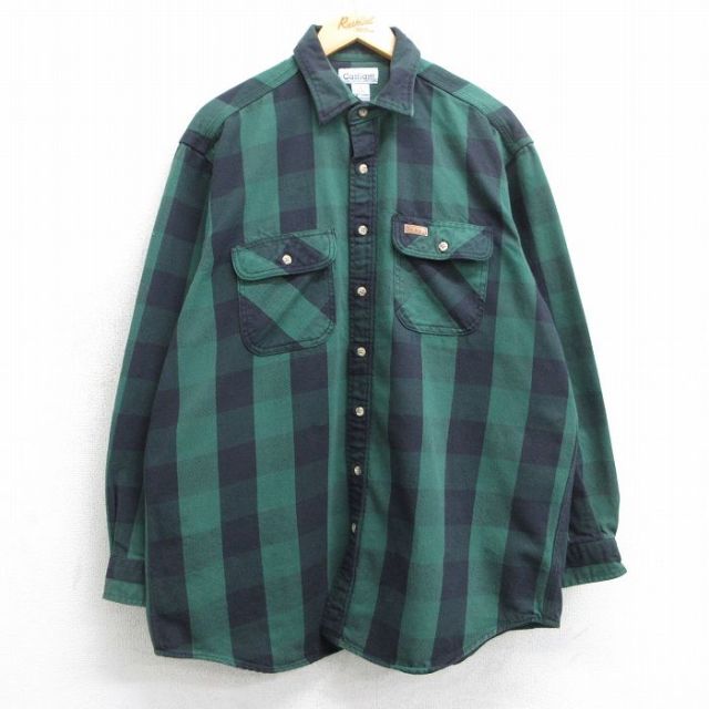 XL★古着 カーハート Carhartt 長袖 ヘビー フランネル シャツ メンズ 大きいサイズ ロング丈 コットン 緑他 グリーン チェック 25mar25 中古 トップス