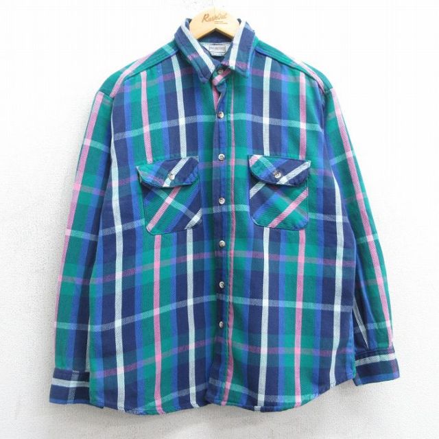 L★古着 ファイブブラザー 長袖 ヘビー フランネル シャツ メンズ 80年代 80s USA製 緑他 グリーン チェック 【spe】 25mar25 中古 トップス