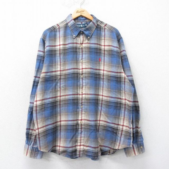 XL★古着 ラルフローレン Ralph Lauren 長袖 ブランド フランネル シャツ メンズ 90年代 90s ワンポイントロゴ 大きいサイズ コットン ボタンダウン 紺他 ネイビー チェック 25mar26 中古 トップス