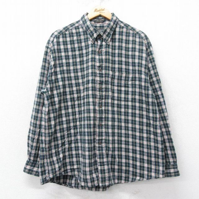 XL★古着 バンヒューセン 長袖 フランネル シャツ メンズ 大きいサイズ コットン ボタンダウン 緑他 グリーン チェック 25mar26 中古 トップス