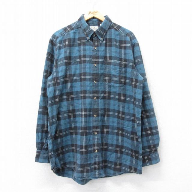 XL★古着 エルエルビーン LLBEAN 長袖 フランネル シャツ メンズ 00年代 00s ロング丈 コットン ボタンダウン 紺系他 ネイビー チェック 25mar26 中古 トップス