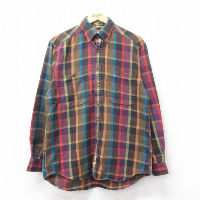【50%OFF】L★古着 長袖 フランネル シャツ メンズ 90年代 90s コットン ボタンダウン 濃緑他 グリーン チェック 25mar26 中古 トップス