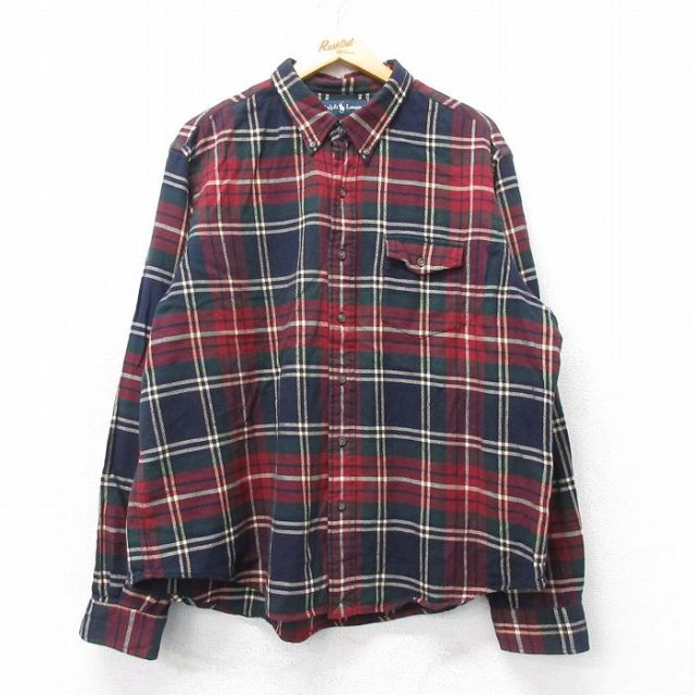 XL★古着 ラルフローレン Ralph Lauren 長袖 ブランド フランネル シャツ メンズ 90年代 90s 大きいサイズ コットン ボタンダウン エンジ他 チェック 【spe】 25mar26 中古 トップス