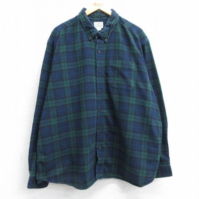 XL★古着 エルエルビーン LLBEAN 長袖 フランネル シャツ メンズ 00年代 00s 大きいサイズ コットン ボタンダウン 緑他 グリーン チェック 【spe】 25mar26 中古 トップス