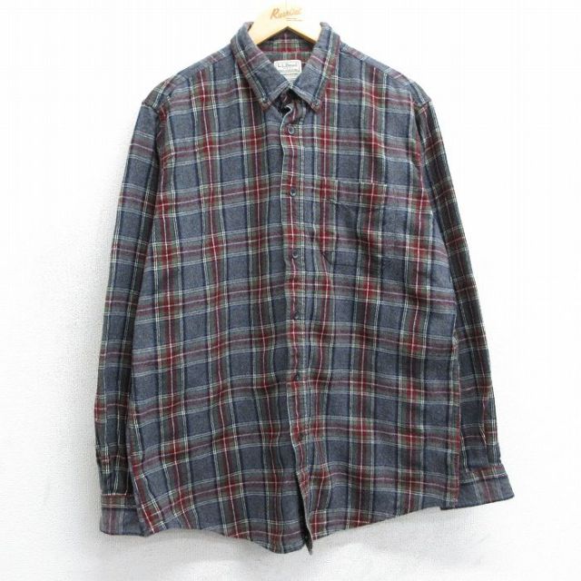 L★古着 エルエルビーン LLBEAN 長袖 フランネル シャツ メンズ 00年代 00s コットン ボタンダウン 濃グレー他 チェック 25mar26 中古 トップス