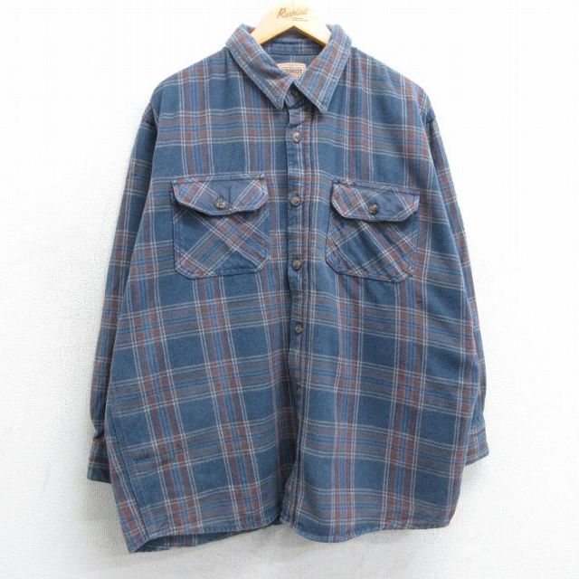 XL★古着 長袖 ヘビー フランネル シャツ メンズ 大きいサイズ コットン 薄紺他 ネイビー チェック 25mar26 中古 トップス