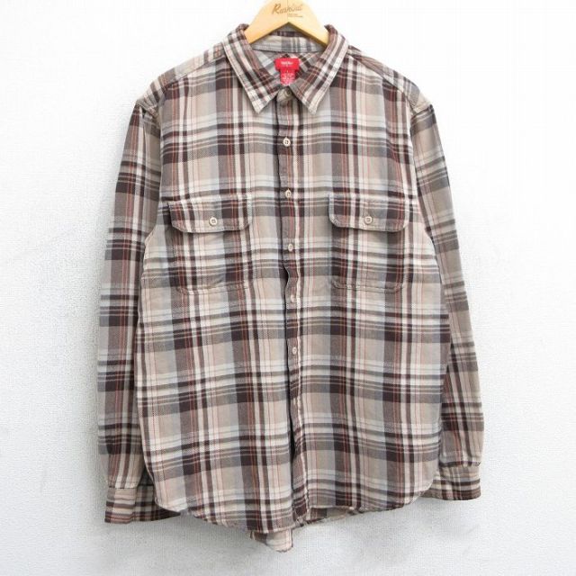 L★古着 長袖 フランネル シャツ メンズ コットン ベージュ他 カーキ チェック 25mar26 中古 トップス