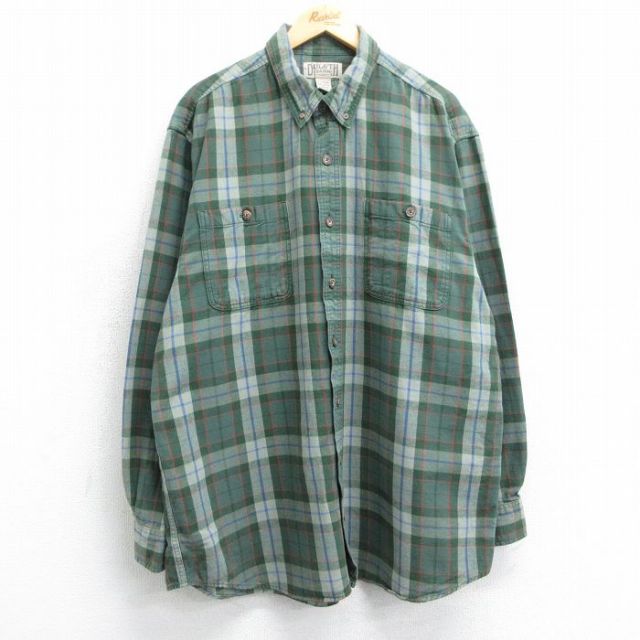 【20%OFF】XL★古着 長袖 フランネル シャツ メンズ 大きいサイズ ロング丈 コットン ボタンダウン 緑他 グリーン チェック 25mar26 中古 トップス