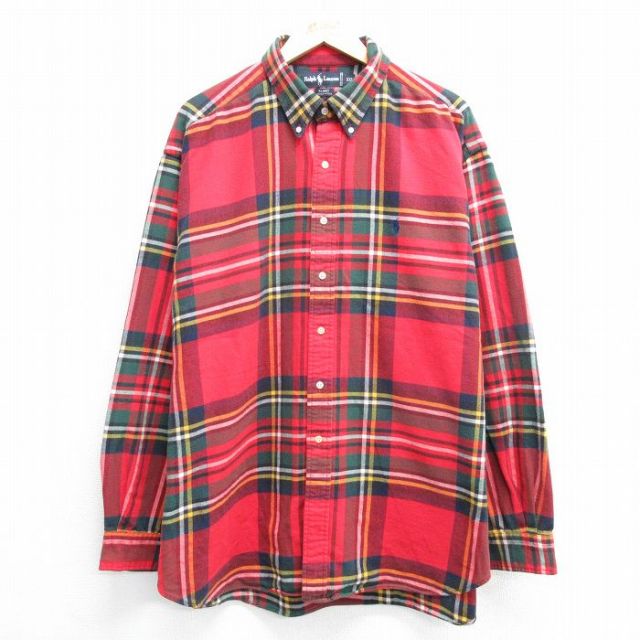 XL★古着 ラルフローレン Ralph Lauren 長袖 ブランド フランネル シャツ メンズ 90年代 90s ワンポイントロゴ BLAIRE 大きいサイズ ロング丈 コットン ボタンダウン 赤他 レッド チェック 25mar28 中古 トップス