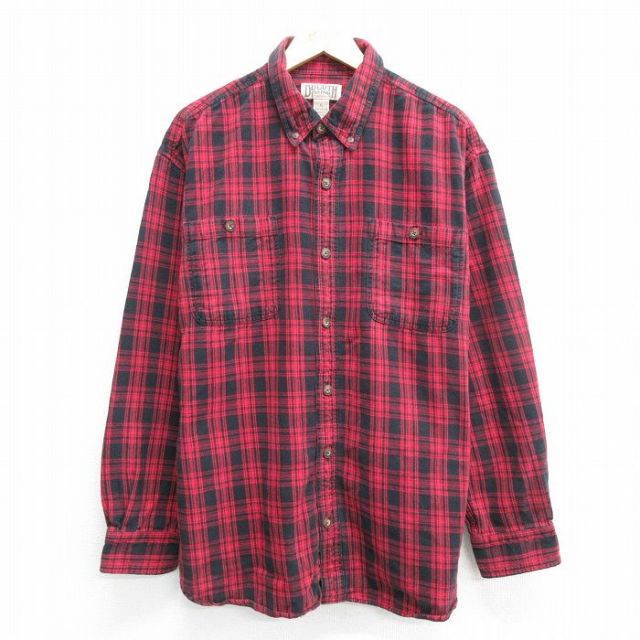 XL★古着 長袖 フランネル シャツ メンズ 大きいサイズ コットン ボタンダウン 黒他 ブラック チェック 25mar28 中古 トップス