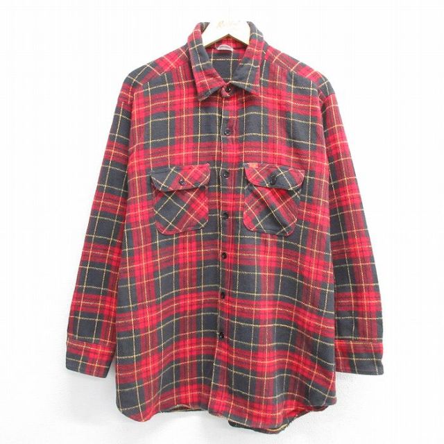 XL★古着 ELY 長袖 ヘビー フランネル シャツ メンズ 大きいサイズ ロング丈 赤他 レッド チェック 25mar28 中古 トップス