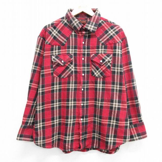 XL★古着 長袖 ウエスタン フランネル シャツ メンズ 大きいサイズ コットン エンジ系他 チェック 25mar28 中古 トップス