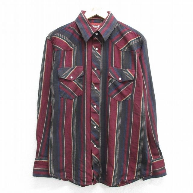 L★古着 ラングラー Wrangler 長袖 ウエスタン フランネル シャツ メンズ コットン エンジ他 ストライプ 25mar28 中古 トップス