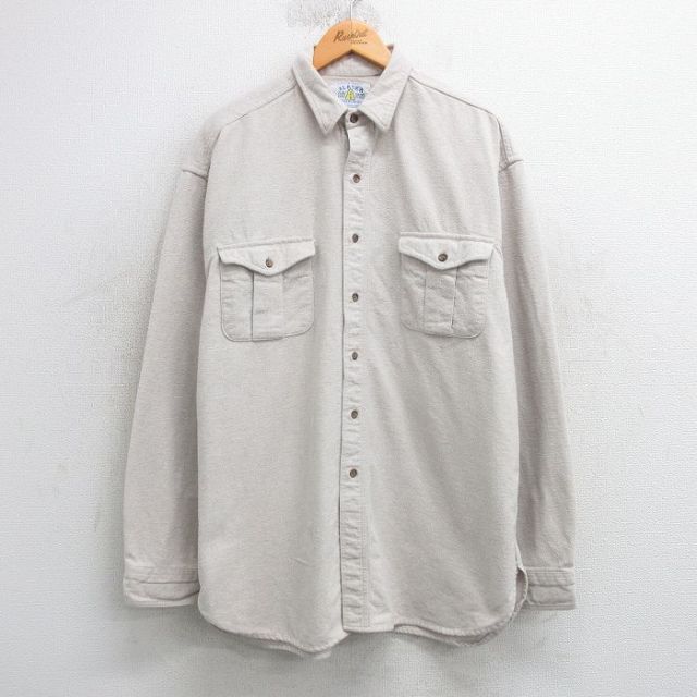 【50%OFF】XL★古着 長袖 ヘビー フランネル シャツ メンズ 大きいサイズ ロング丈 コットン 薄ベージュ カーキ 25mar28 中古 トップス