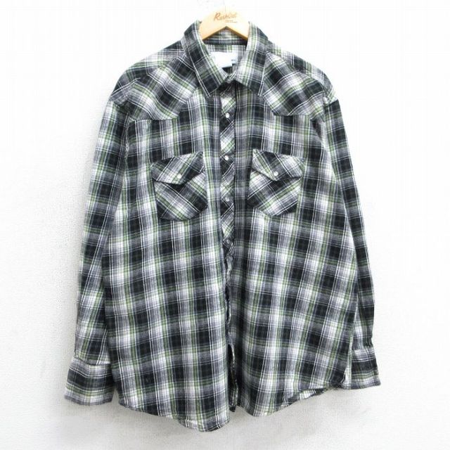 XL★古着 ラングラー Wrangler 長袖 ウエスタン フランネル シャツ メンズ 大きいサイズ コットン 黒他 ブラック チェック 25mar31 中古 トップス