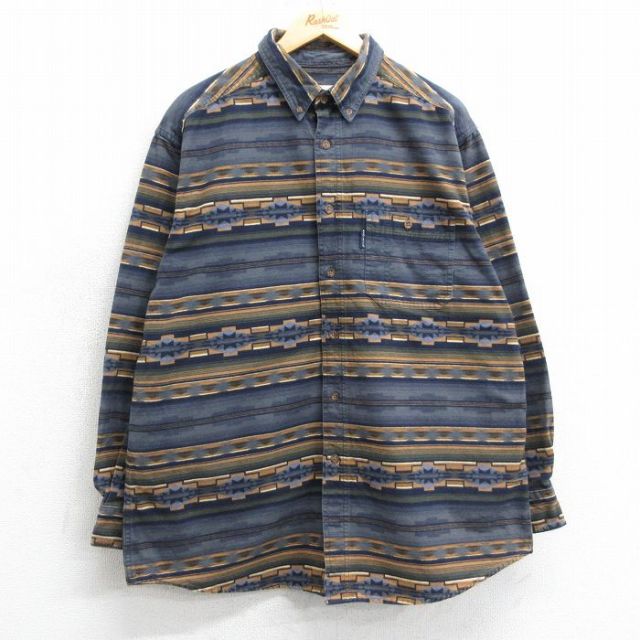 XL★古着 ウールリッチ WOOLRICH 長袖 ヘビー フランネル シャツ メンズ ネイティブ柄 ラグ柄 大きいサイズ ロング丈 コットン ボタンダウン 紺他 ネイビー ボーダー 【spe】 25mar31 中古 トップス
