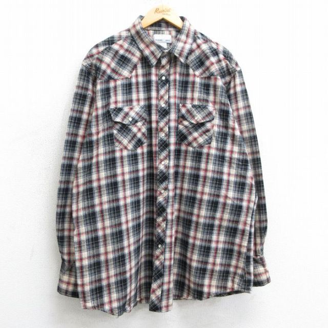XL★古着 ラングラー Wrangler 長袖 ウエスタン フランネル シャツ メンズ 大きいサイズ ロング丈 コットン ベージュ他 カーキ 25mar31 中古 トップス
