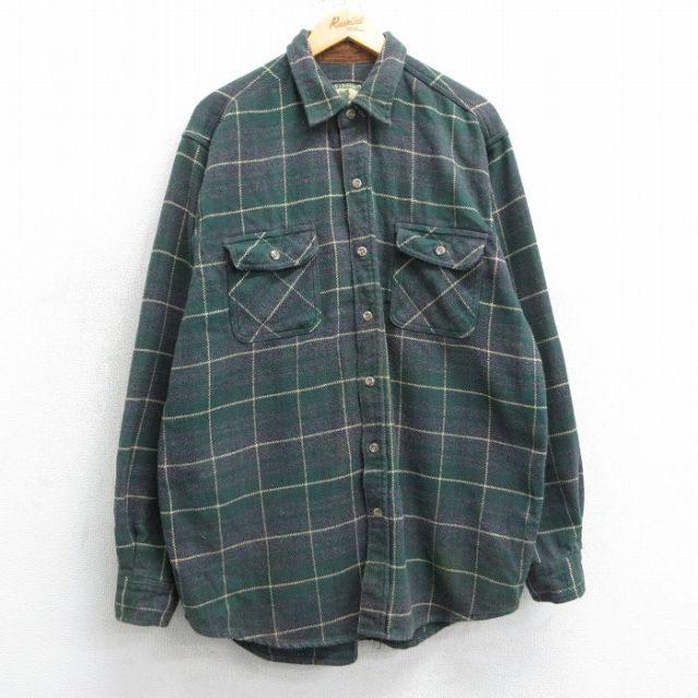 XL★古着 長袖 ヘビー フランネル シャツ メンズ 00年代 00s ロング丈 コットン 緑他 グリーン チェック 25mar31 中古 トップス