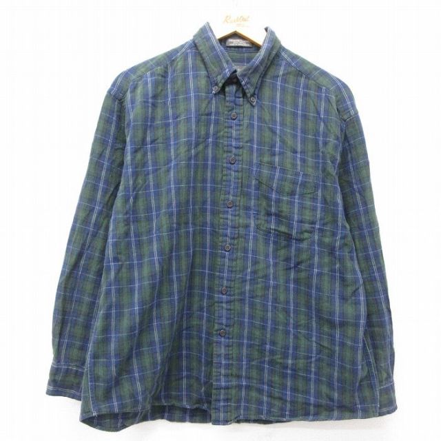 L★古着 バンヒューセン 長袖 フランネル シャツ メンズ コットン ボタンダウン 緑他 グリーン チェック 25apr01 中古 トップス