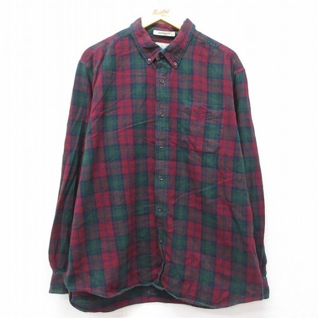 【20%OFF】XL★古着 エルエルビーン LLBEAN 長袖 フランネル シャツ メンズ 00年代 00s コットン ボタンダウン エンジ他 チェック 25apr01 中古 トップス