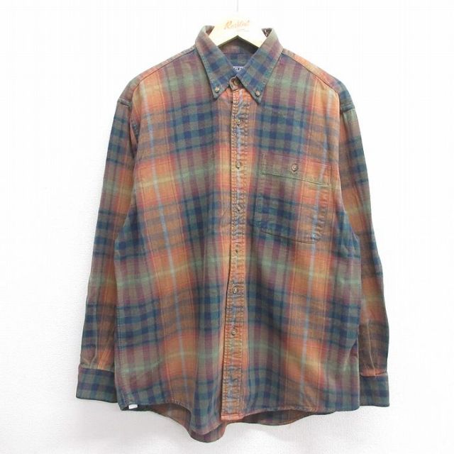 XL★古着 ランズエンド 長袖 フランネル シャツ メンズ 00年代 00s コットン ボタンダウン 緑他 グリーン チェック 25apr03 中古 トップス