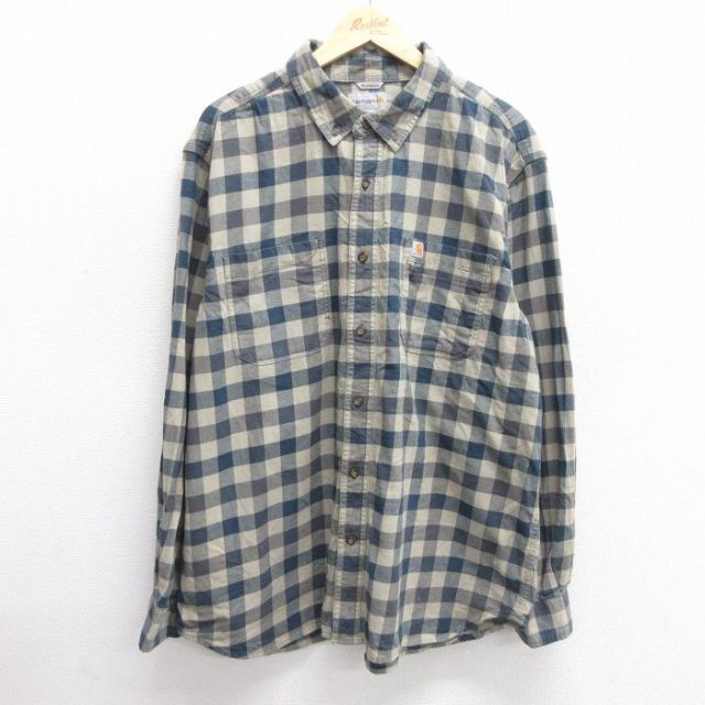 XL★古着 カーハート Carhartt 長袖 フランネル シャツ メンズ 大きいサイズ ボタンダウン 紺他 ネイビー チェック 25apr03 中古 トップス