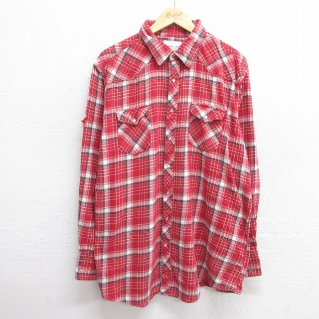 XL★古着 ラングラー Wrangler 長袖 ウエスタン フランネル シャツ メンズ 大きいサイズ コットン 赤他 レッド チェック 25apr03 中古 トップス