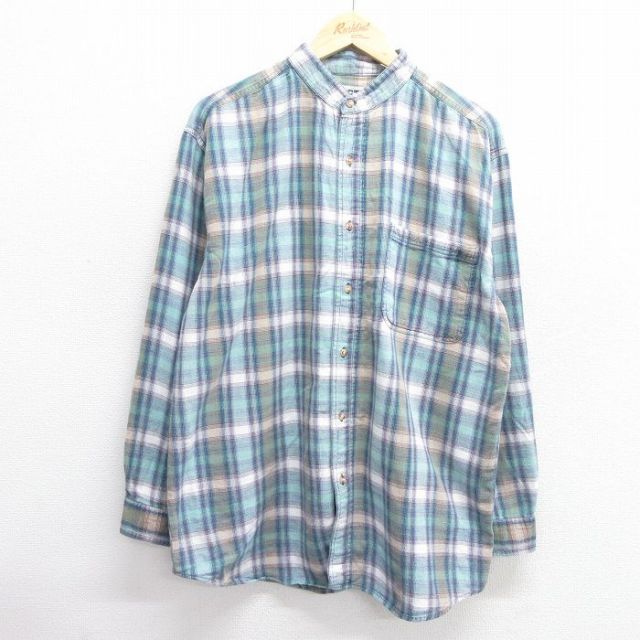XL★古着 長袖 フランネル シャツ メンズ 大きいサイズ コットン ノーカラー 紺他 ネイビー チェック 25apr11 中古 トップス