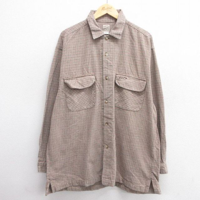 XL★古着 長袖 フランネル シャツ メンズ 大きいサイズ ロング丈 コットン ベージュ他 カーキ チェック 25apr11 中古 トップス