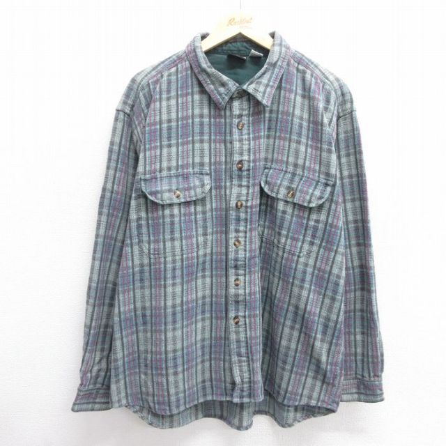 XL★古着 長袖 フランネル シャツ メンズ 大きいサイズ コットン 緑系他 グリーン チェック 25apr11 中古 トップス