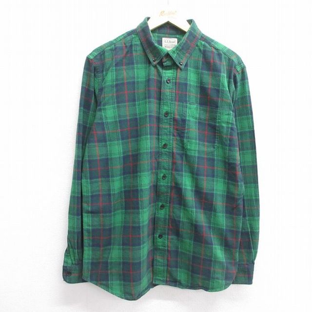 L★古着 エルエルビーン LLBEAN 長袖 フランネル シャツ メンズ 00年代 00s コットン ボタンダウン 緑他 グリーン チェック 25apr11 中古 トップス
