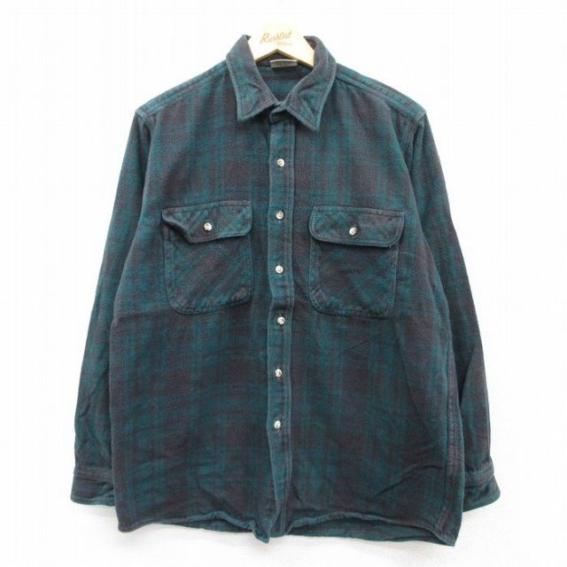 L★古着 ファイブブラザー 長袖 ブランド ヘビー フランネル シャツ メンズ 90年代 90s 緑他 グリーン チェック 25aug18 中古 トップス