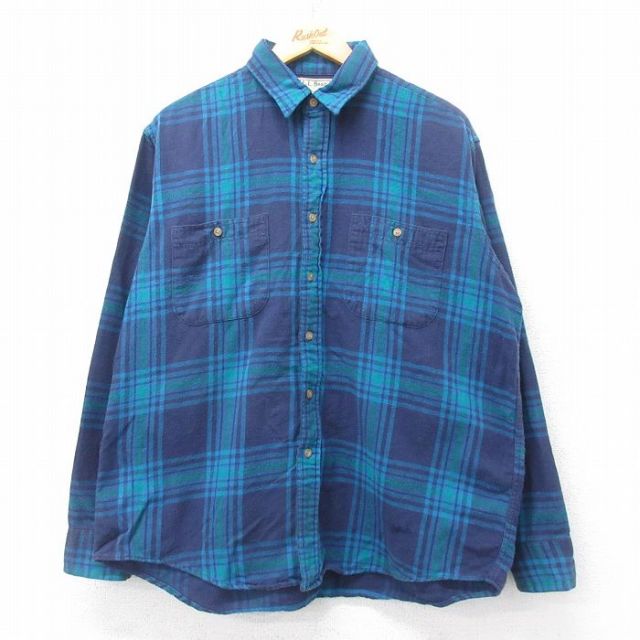 XL★古着 エルエルビーン LLBEAN 長袖 フランネル シャツ メンズ 90年代 90s USA製 紺他 ネイビー チェック 25aug28 中古 トップス
